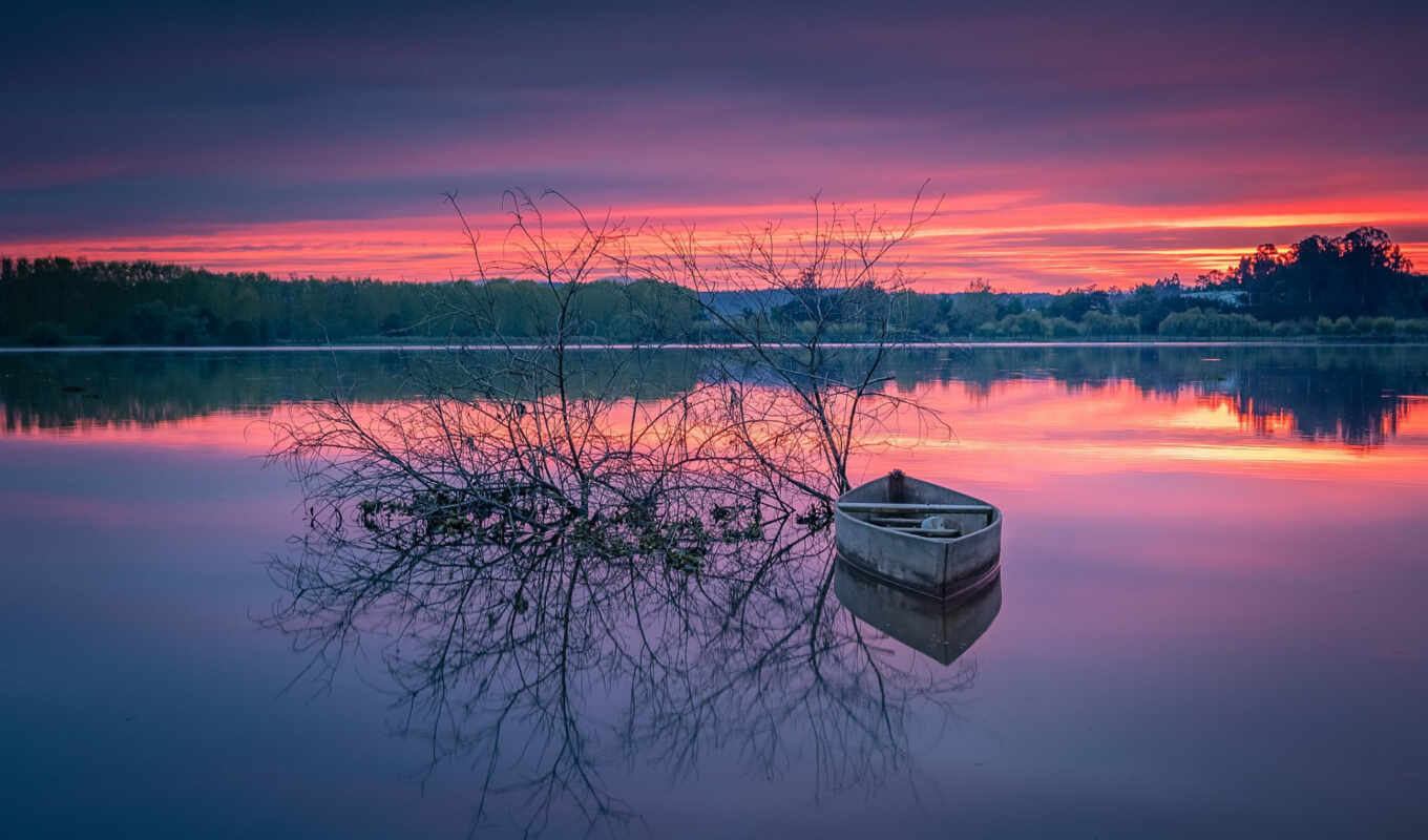 lake, sunset, landscape, a boat, peakpxpage