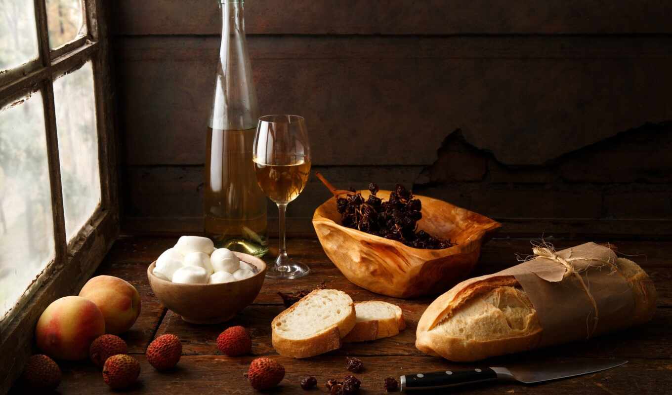 meal, glass, wine, still, table, life, bread, knife, meal