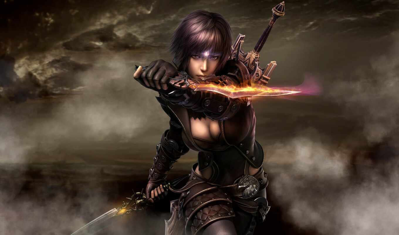 girl, woman, warrior, armor, sword, fantasy, dagger