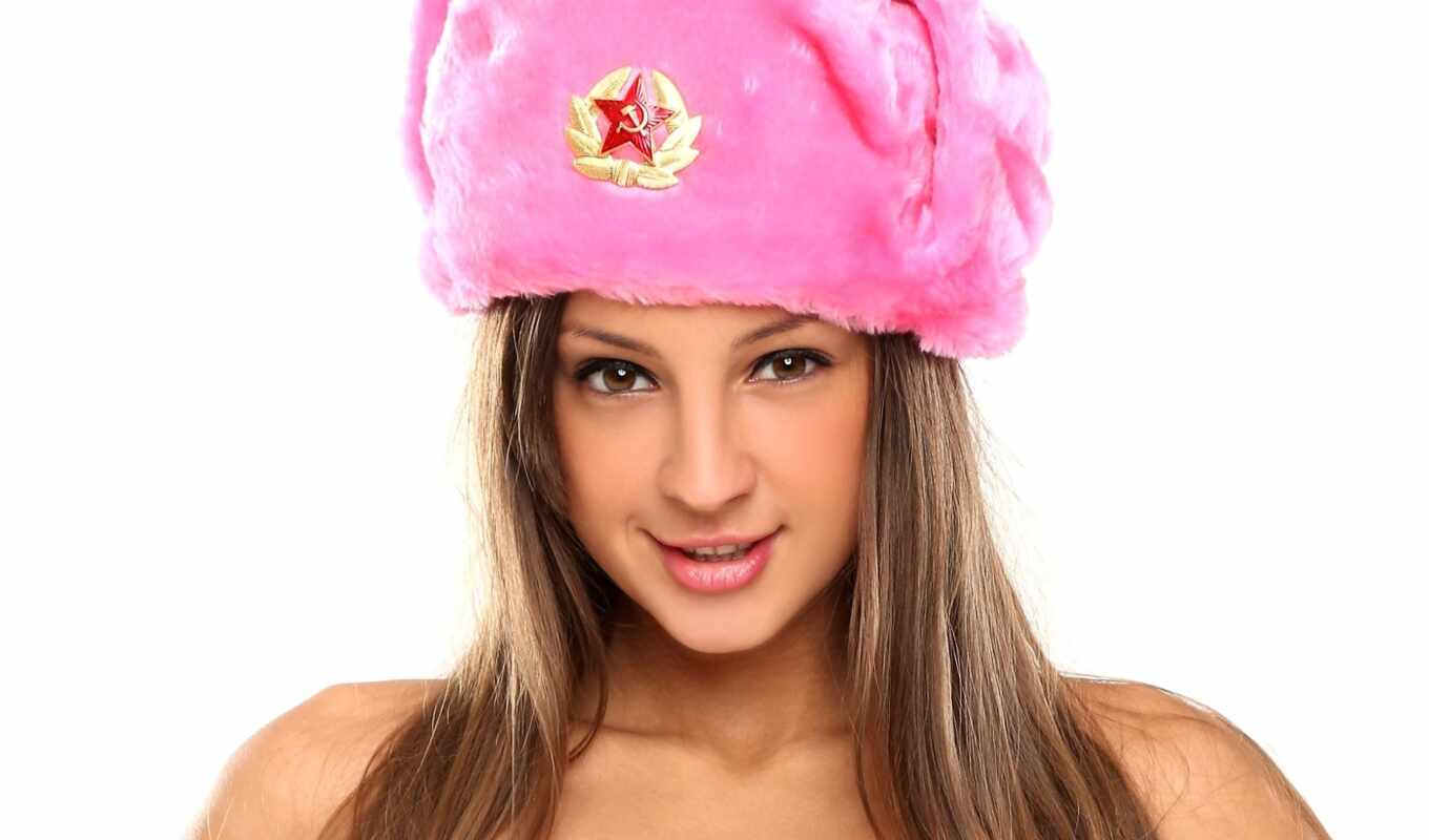 hat, Maria, pink, badge