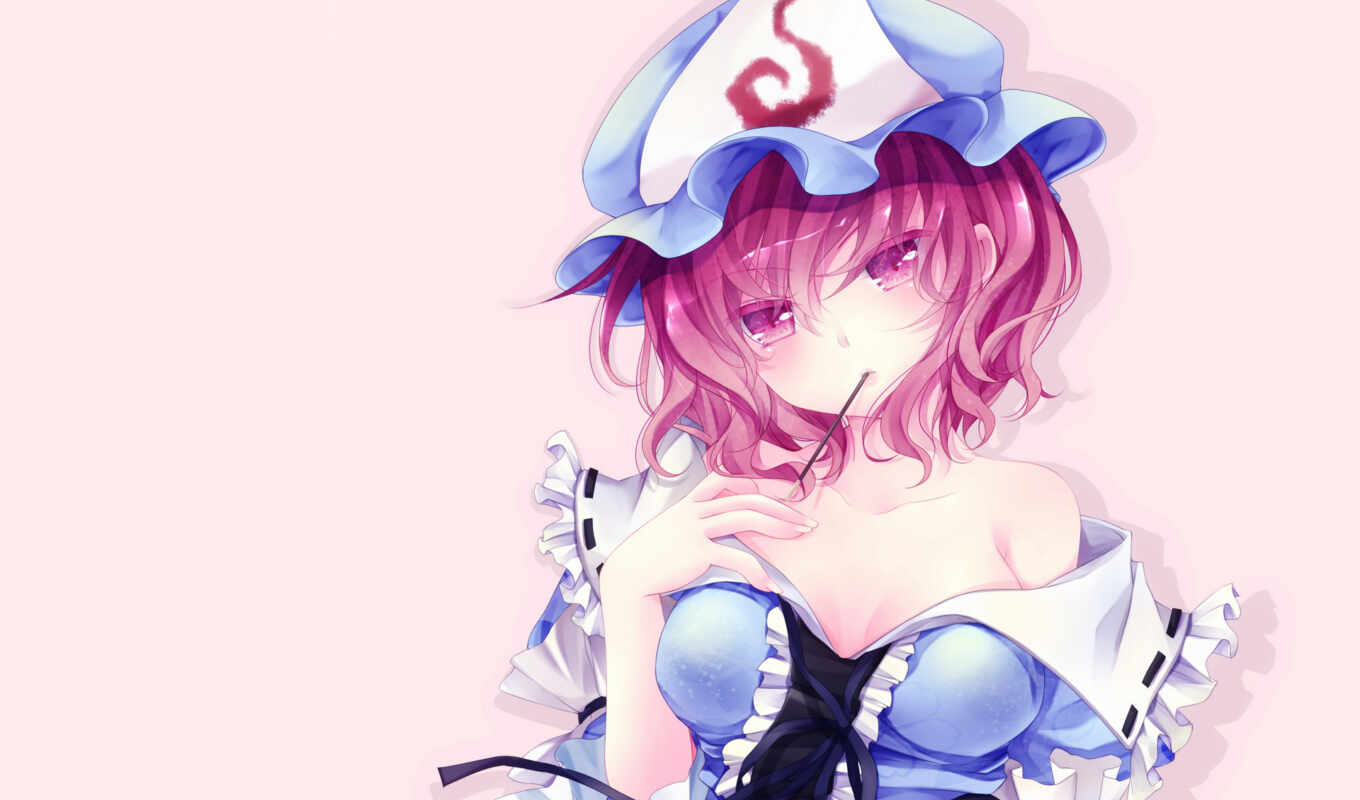 high, comments, here, anime, touhou, hair, eyes, tags, submitted, version, pink, similar, cleavage, dress, hat, short, saigyouji, yuyuko, pocky, mikazuki
