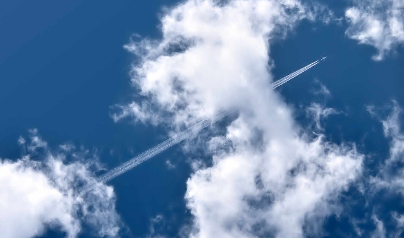 облака, самолёт, след