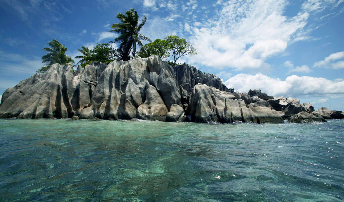 природа, море, пальмы, остров, ocean, острова, seychelles, oblaka, камни, скалы, сейшельские