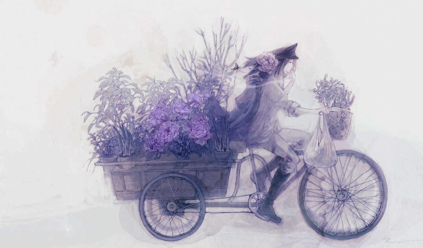 цветы, anime, парень, повозка, велосипед