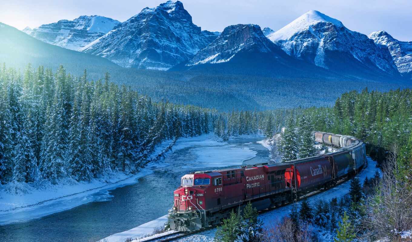 снег, winter, лес, поезд, канада, альберта, река, железная, eli, канадский, горы