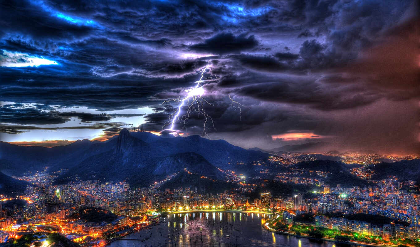 буря, город, ночь, lightning, brazil, rio, brazilian, janeiro, рио