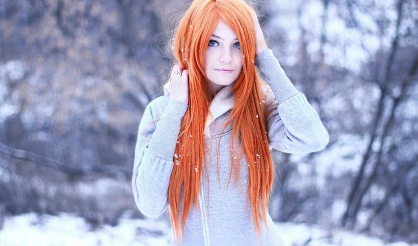 снег, winter, волосы, long, redhead