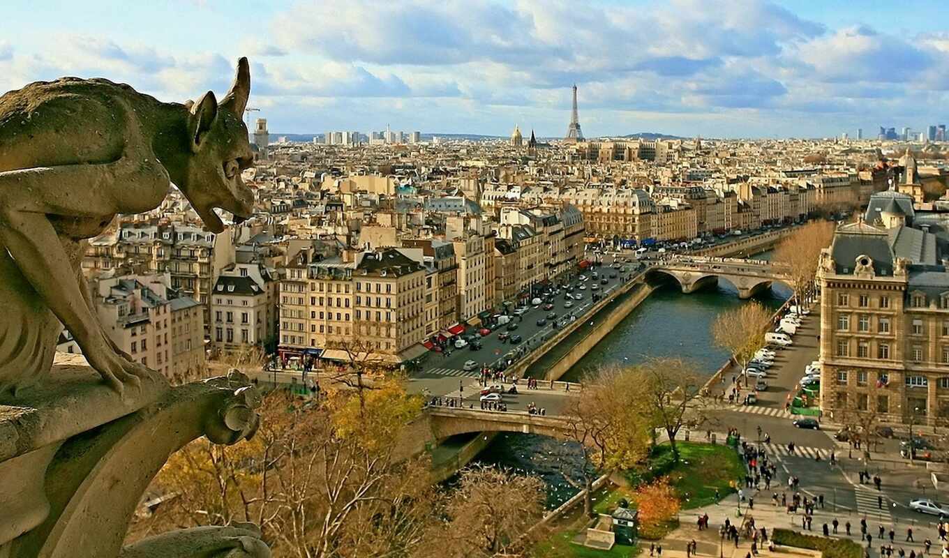 фото, город, франция, париж, башня, cathedral, dame, notre, royalty, химера, gargoyle