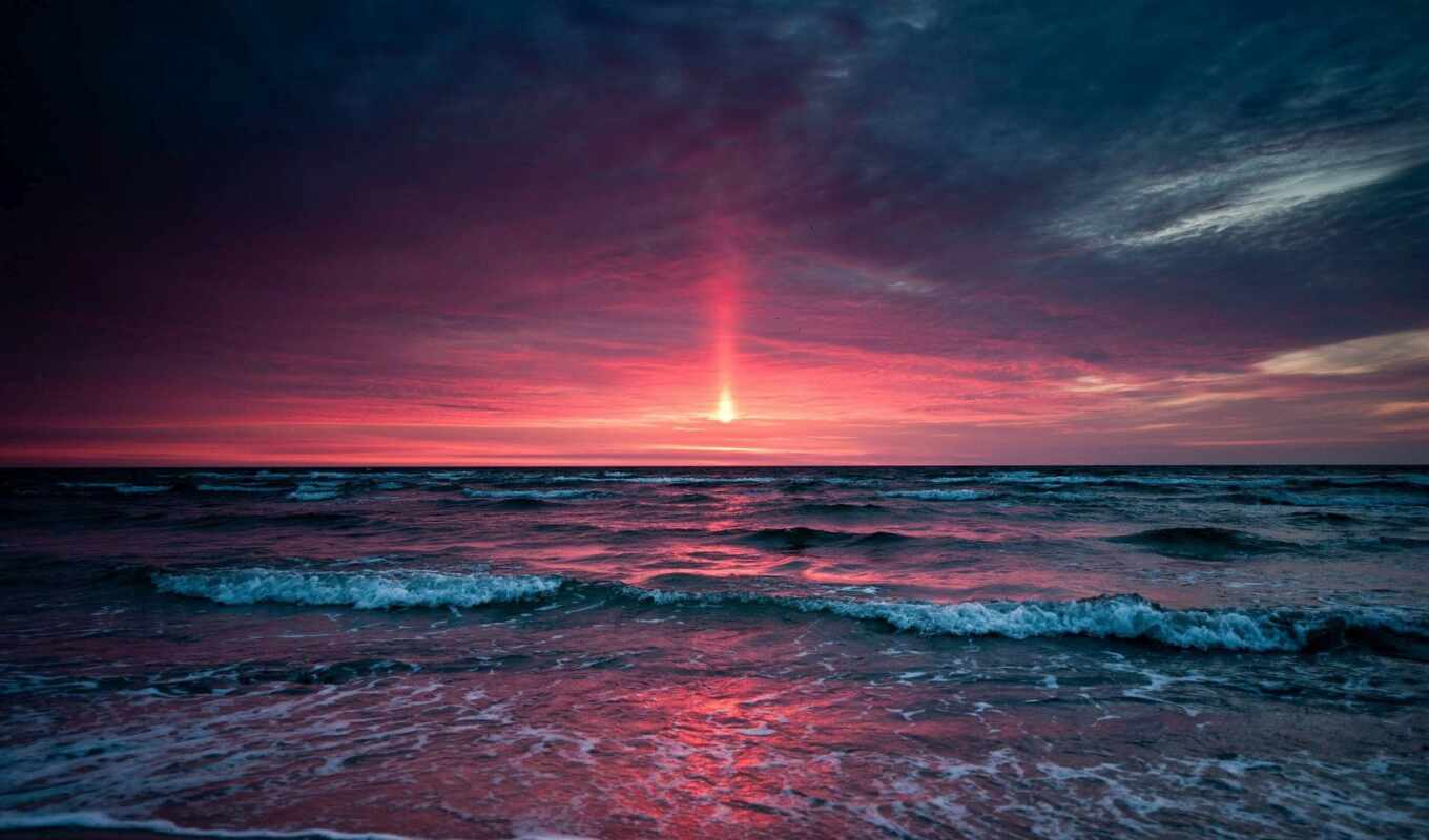 небо, закат, море, высоком, розовый, waves