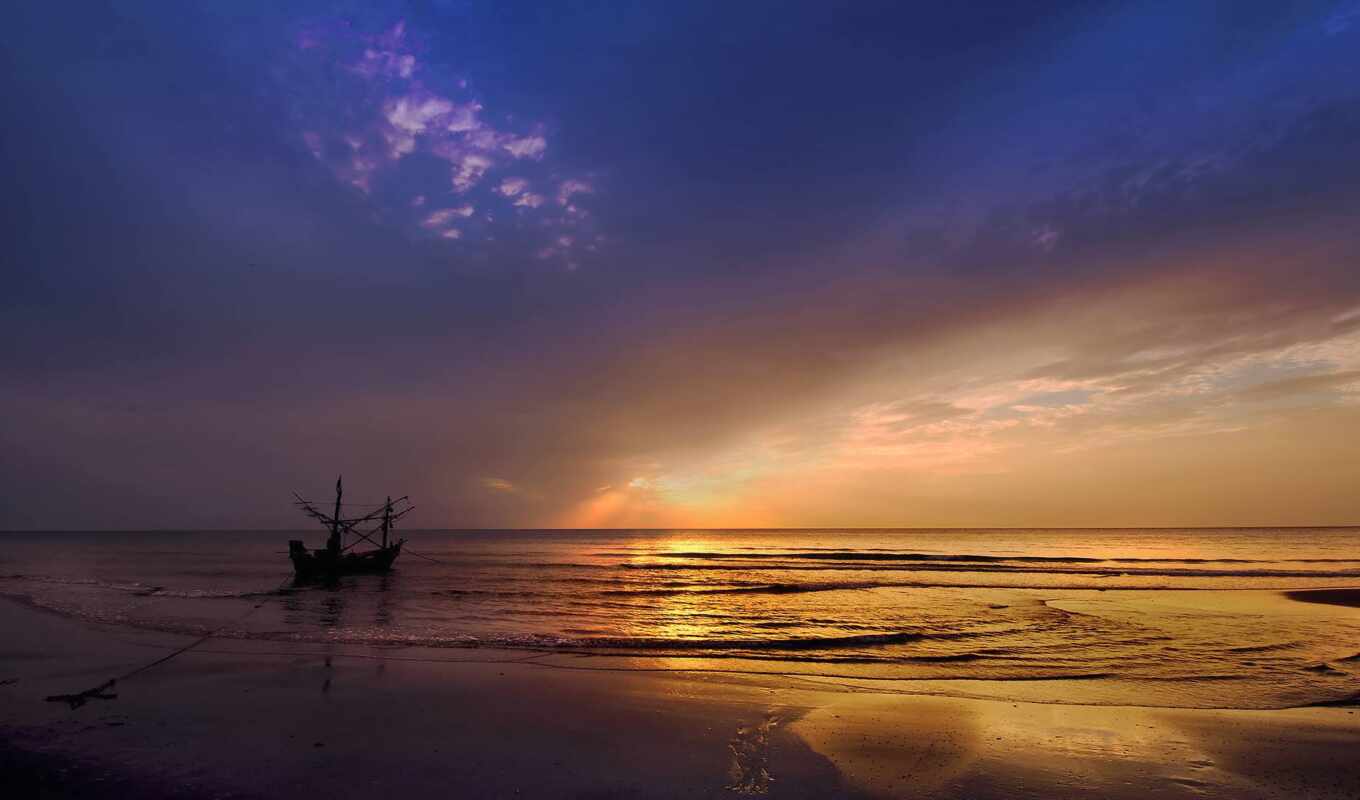 ipad, sunset, beach, landscape, sea, a boat, sailboat, anchor