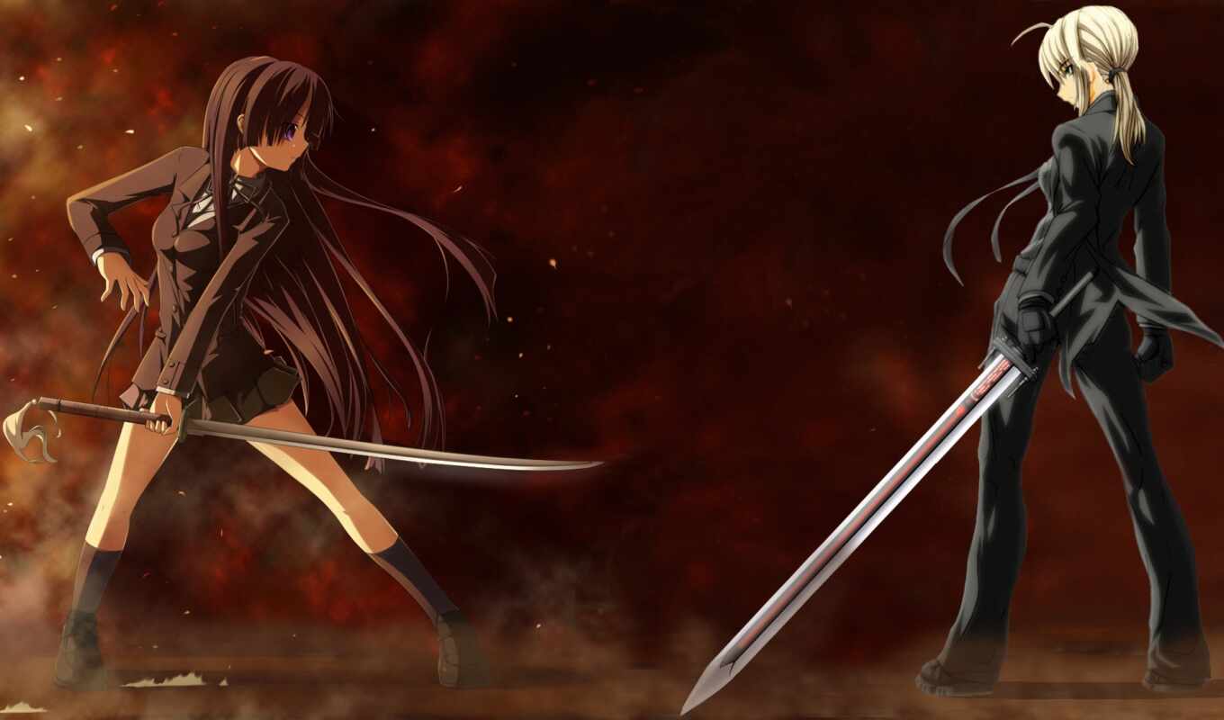 girls, duel, swords