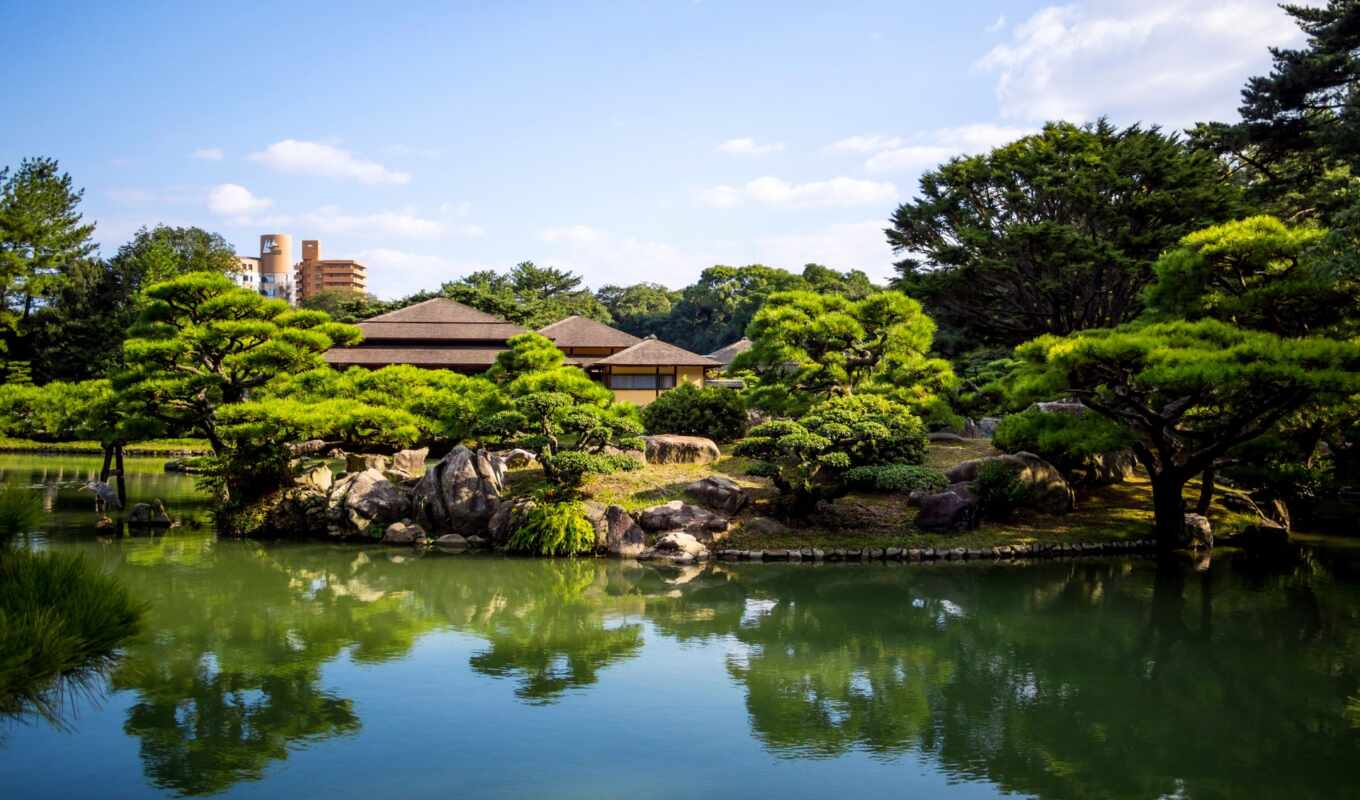 nature, picture, japanese, garden, pond, trees, Japan, gardens, takamatsu, ritsurin