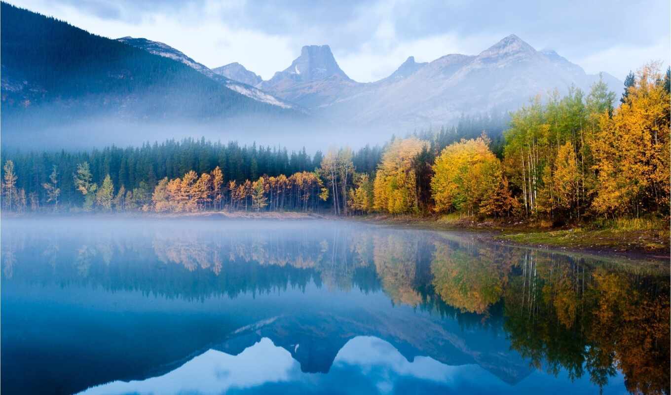 озеро, природа, water, лес, осень, утро, туман, отражение, рыбалка, красиво, горы