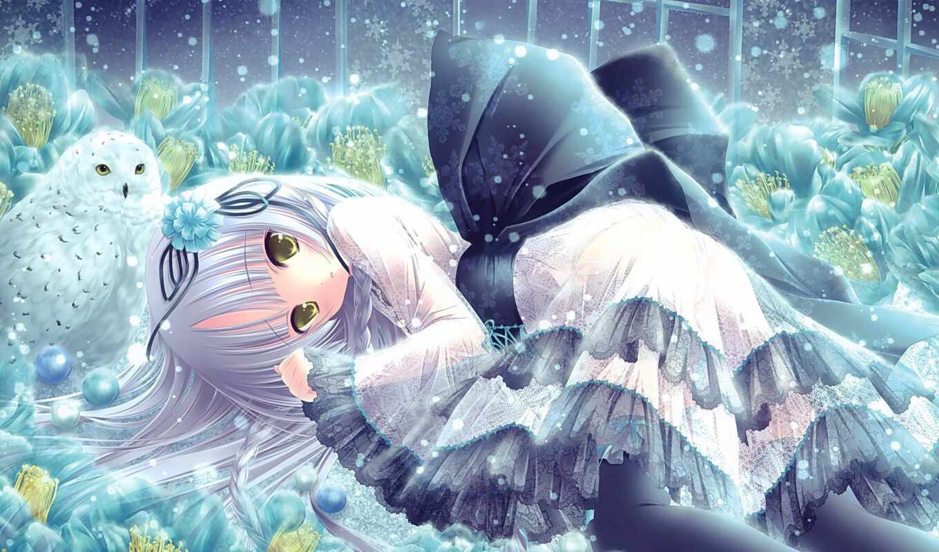 art, девушка, снежинки, anime, снег, сова, cvety