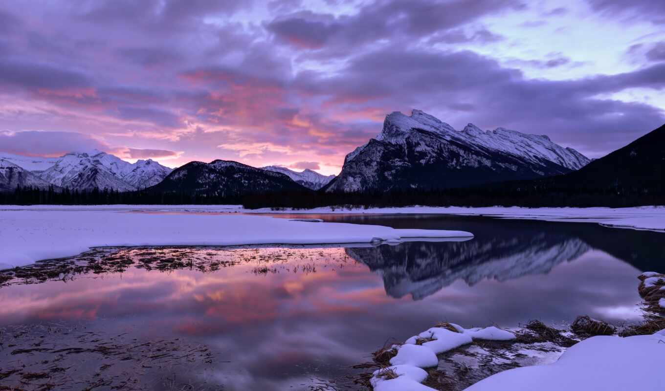 озеро, рассвет, winter, landscape, утро, отражение