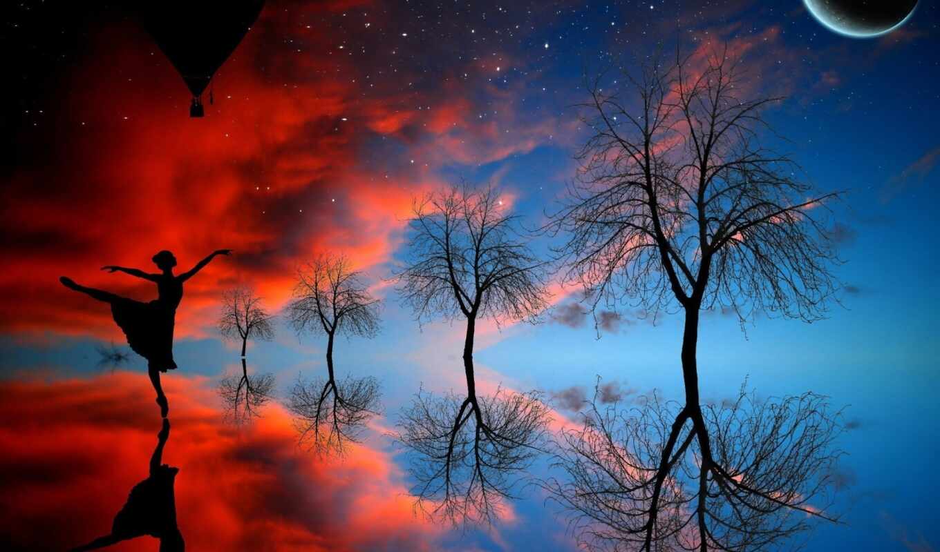 sky, girl, page, beautiful, dance, trees, reflection, aerial, starry, cloud