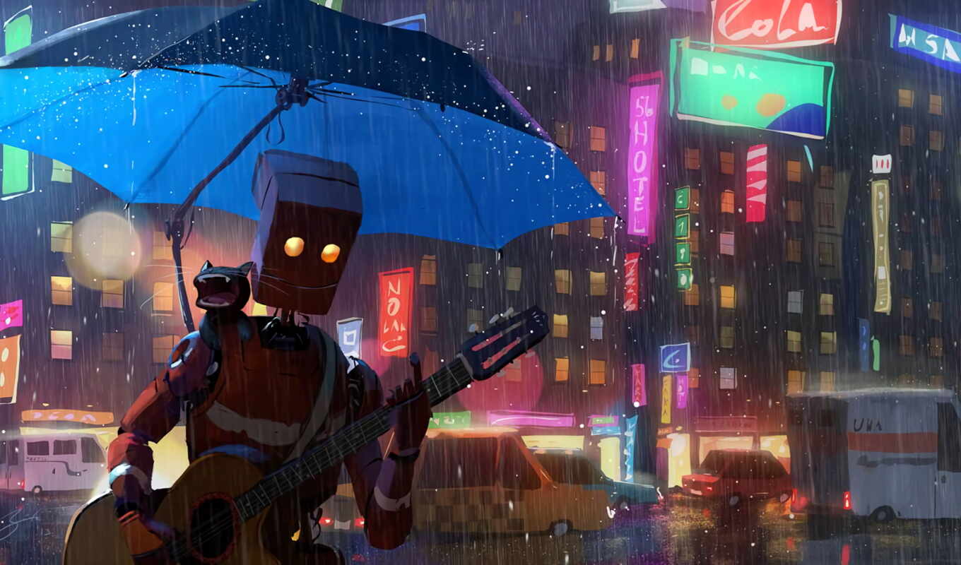 robot, rain, city, guitar, cat, fantasy, umbrella