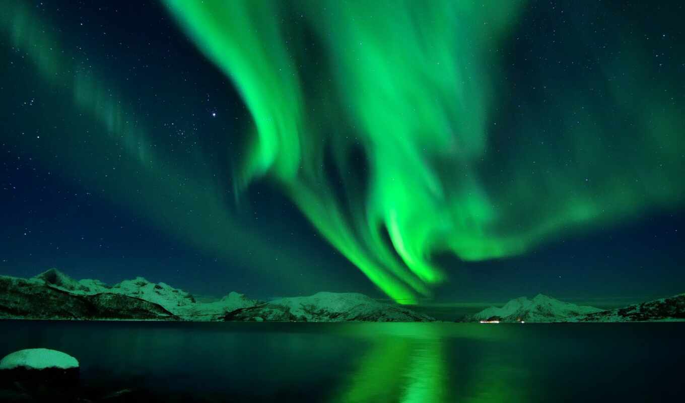 небо, зелёный, огни, aurora, northern, borealis