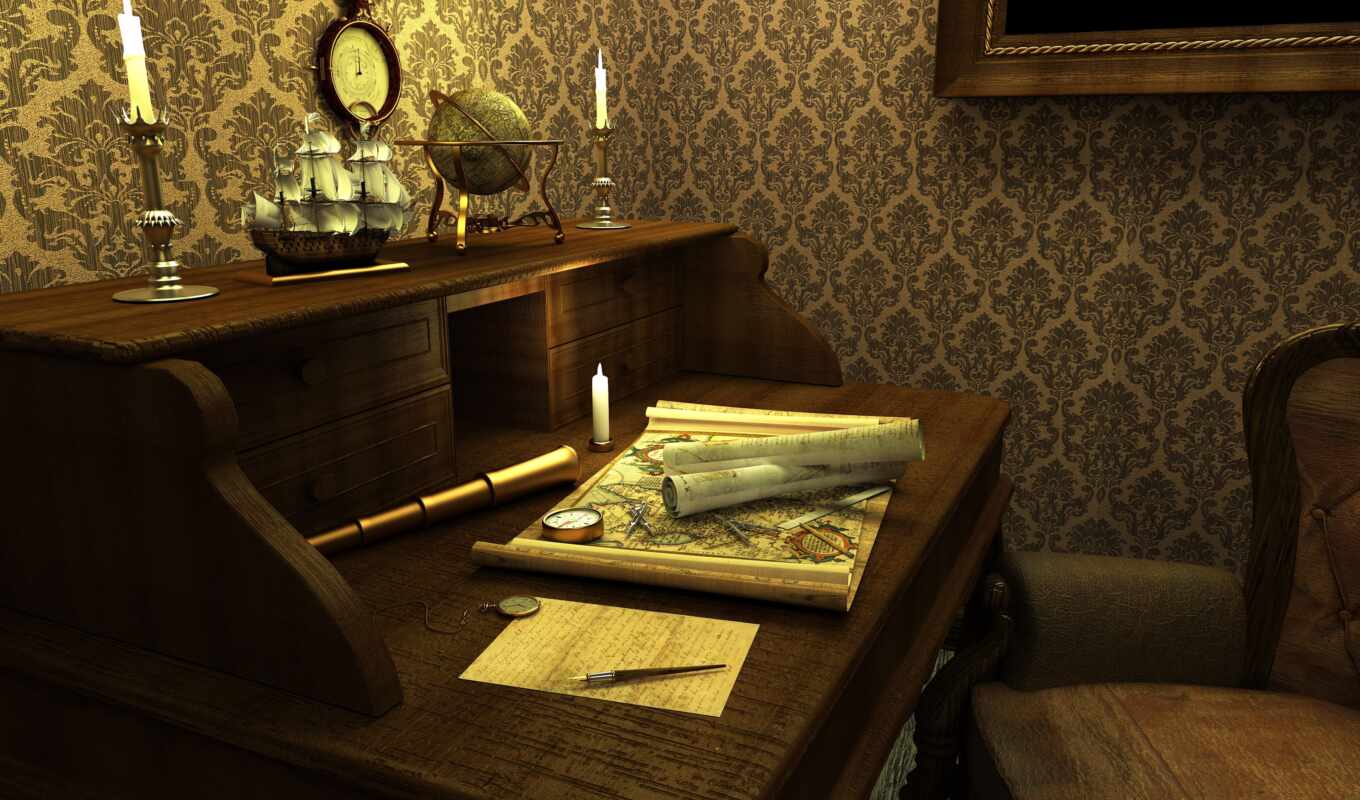 room, map, vintage, design, interior, table, candle
