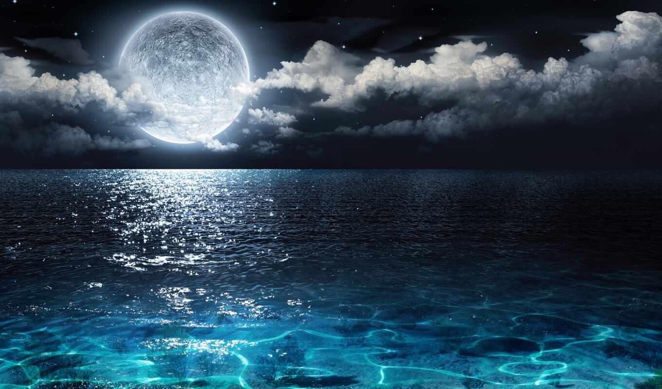 небо, ночь, луна, landscape, море, облако, ocean