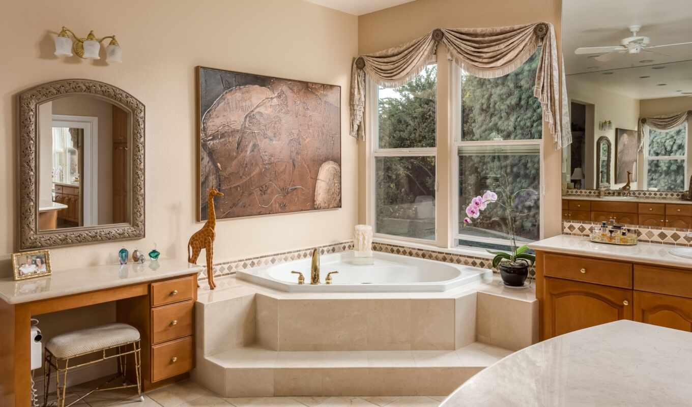 комната, картинка, окно, design, зеркало, ванная, ванна, идея