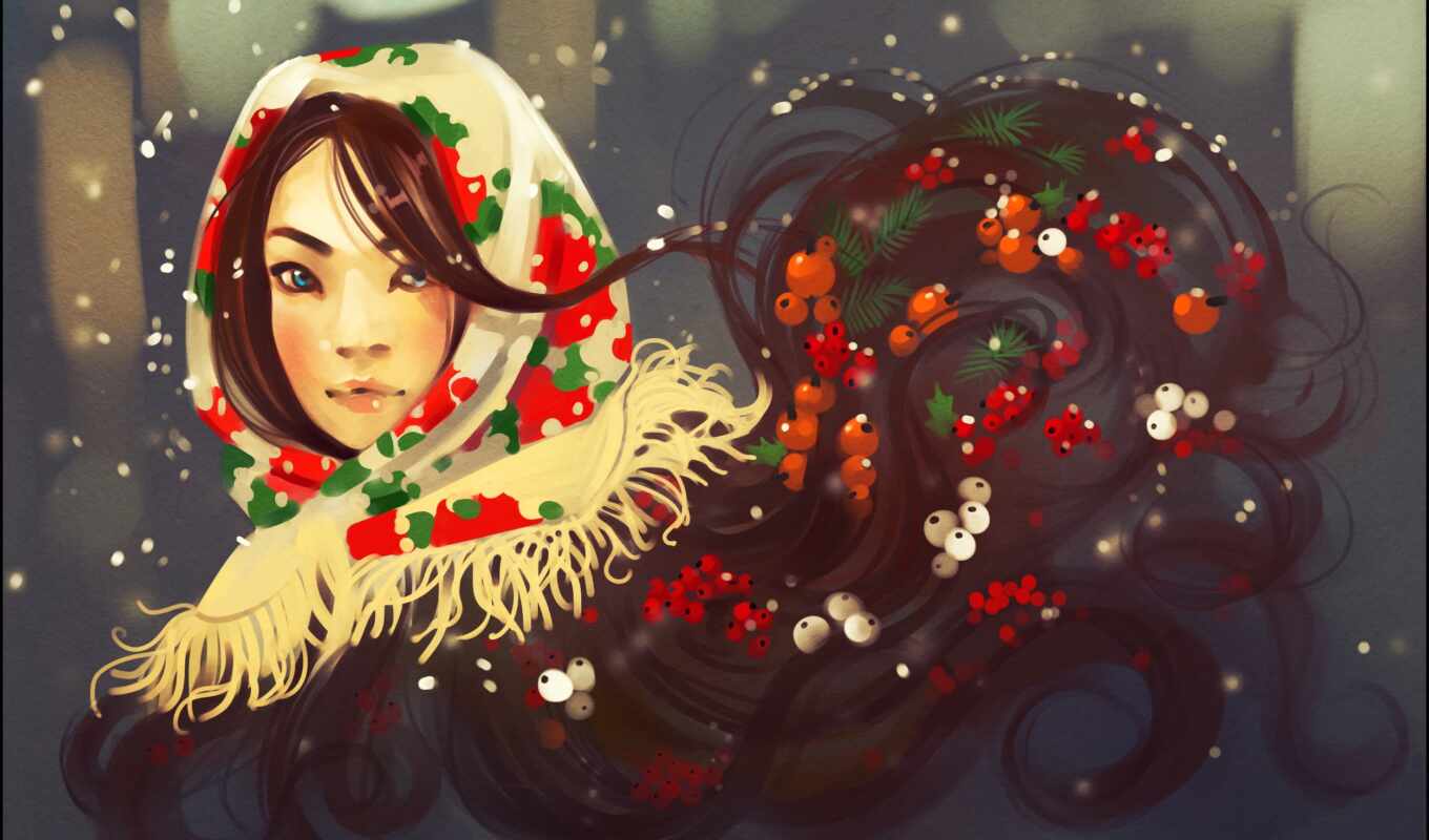 девушка, winter, волосы, платок, ягода, drawing