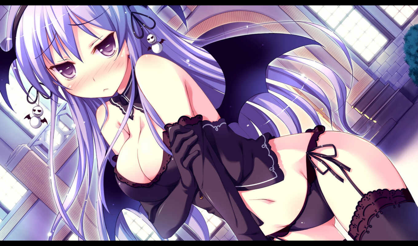 girl, picture, anime, demon, breast, hair, stockings, wings, it is, long
