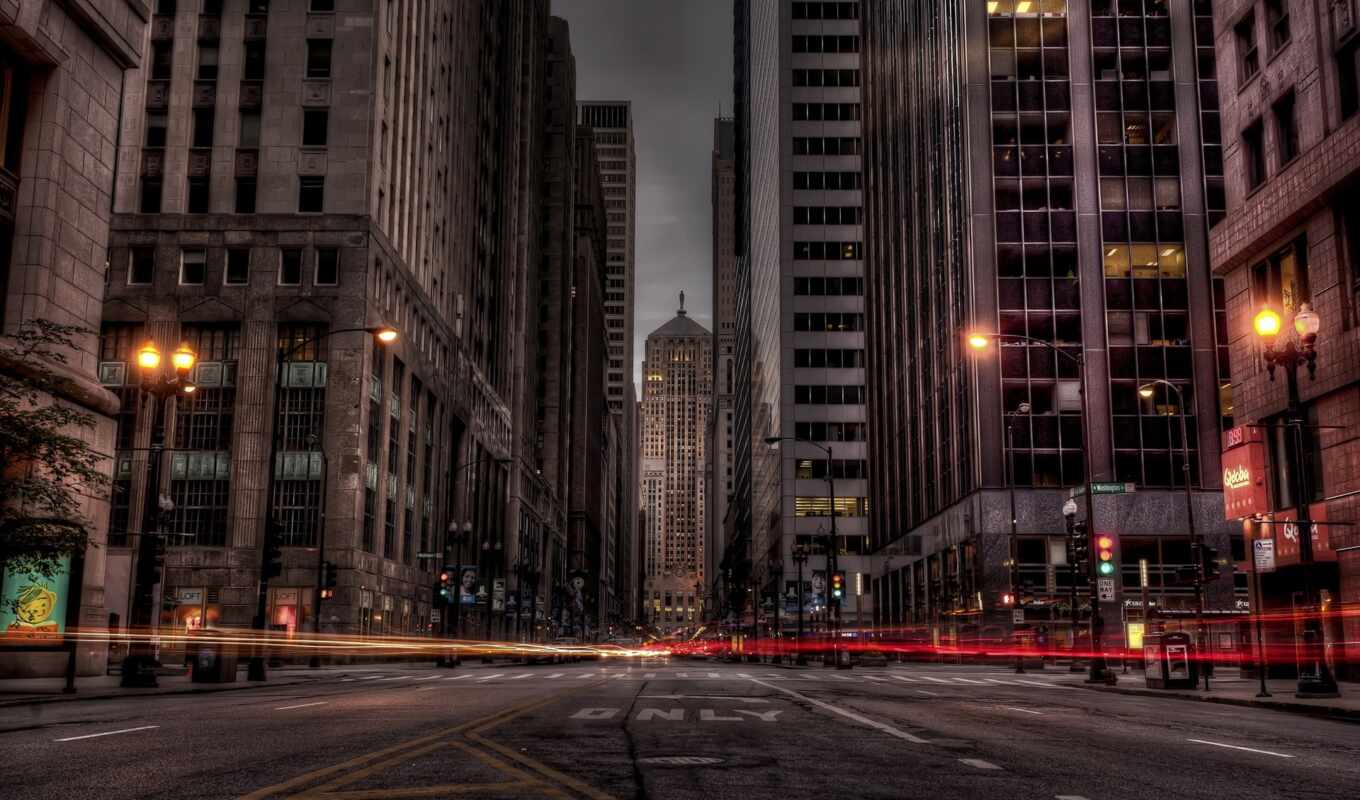 city, night, road, building, lights, hdr, chicago