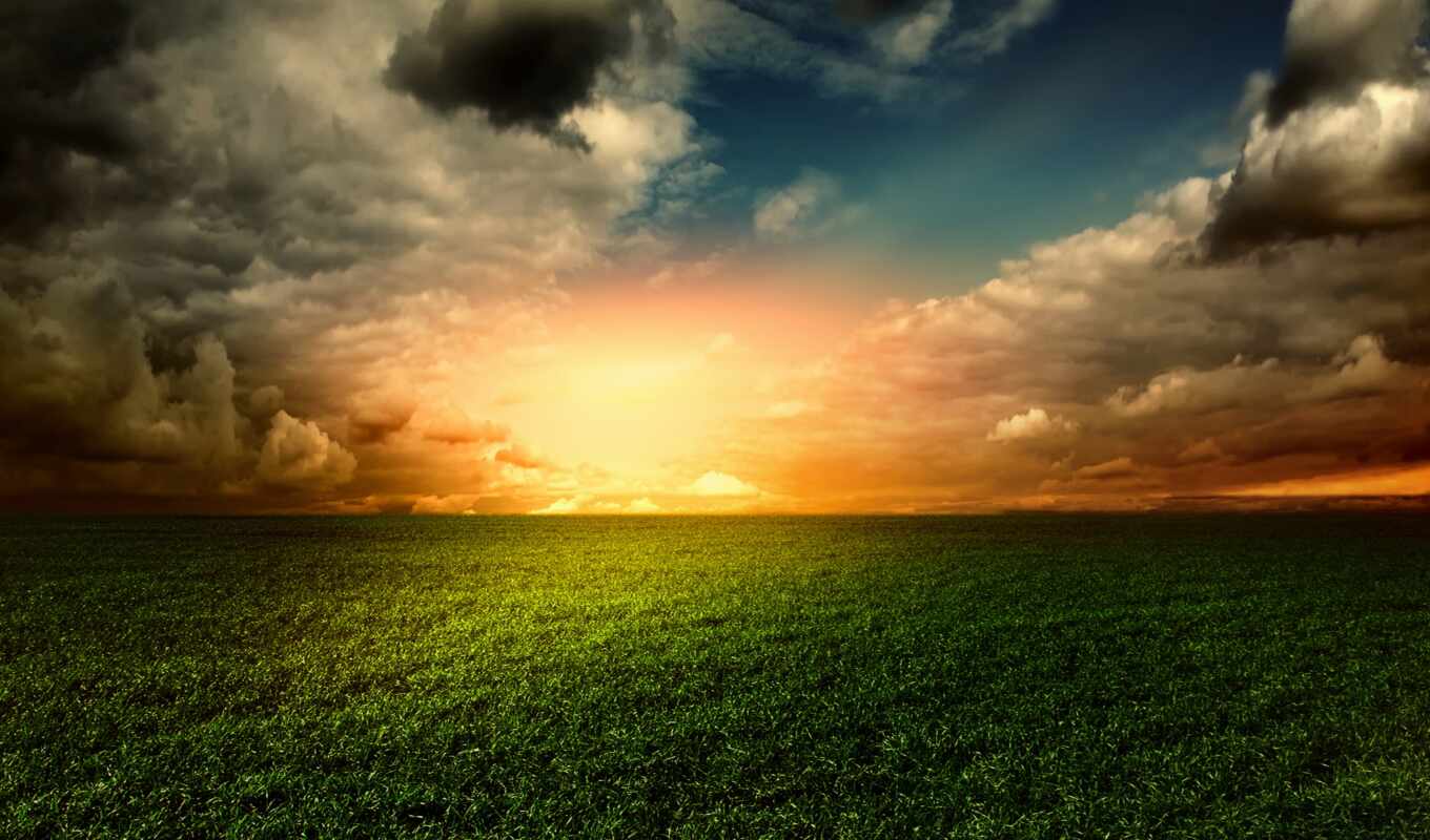 nature, sky, white, picture, green, sunset, field, cloud, photo wallpapers