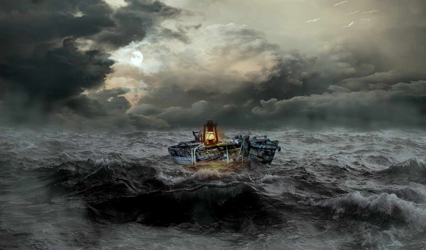 буря, море, лодка, шторм, сильно