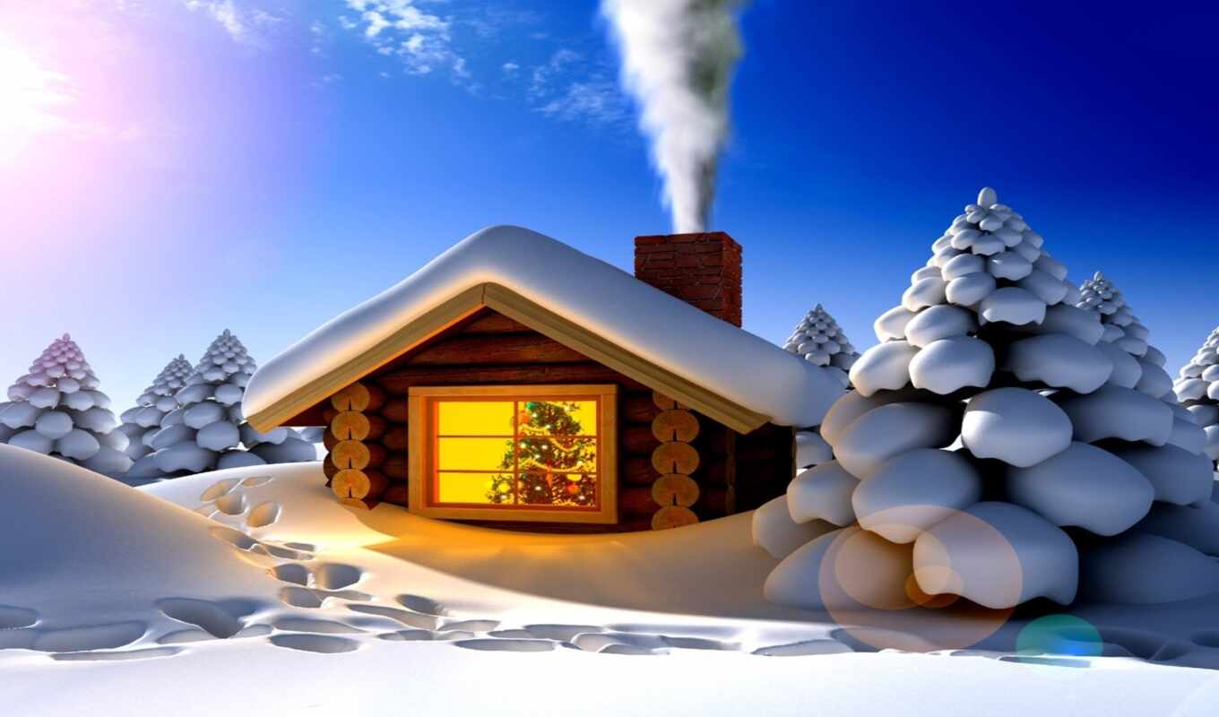 house, smoke, snow, winter, christmas, holiday, illustration, small, wooden, fore