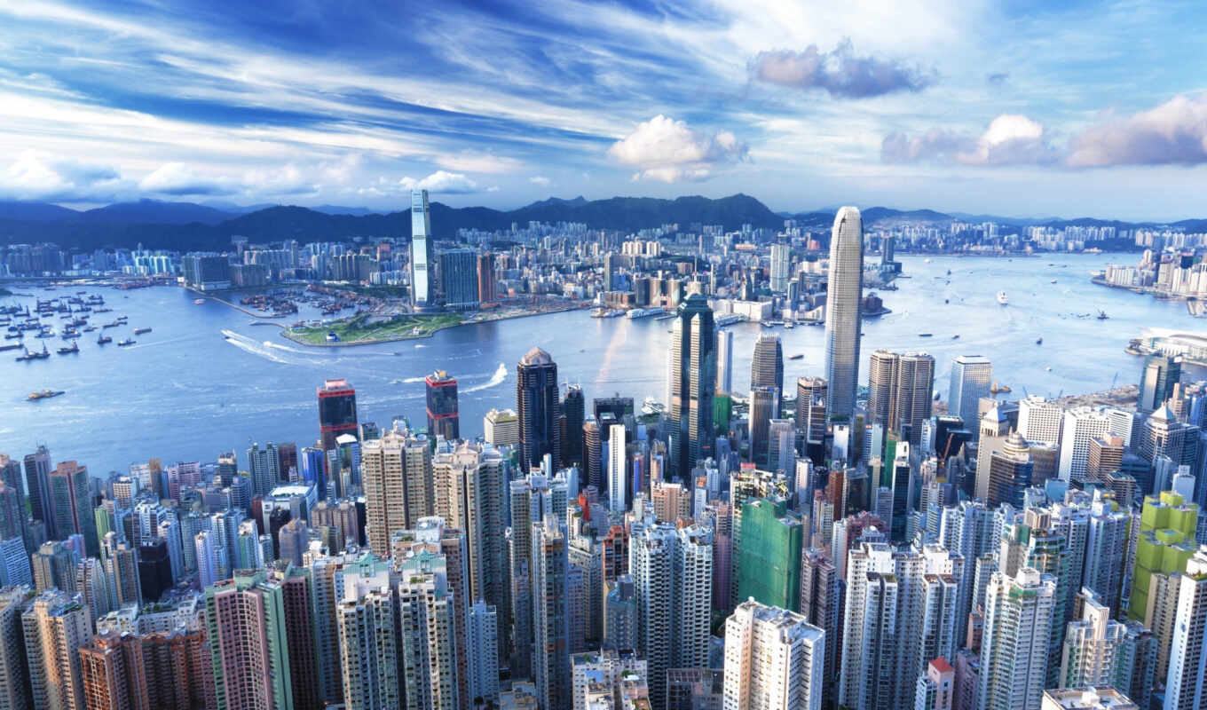 city, hong kong, river, high - rise buildings