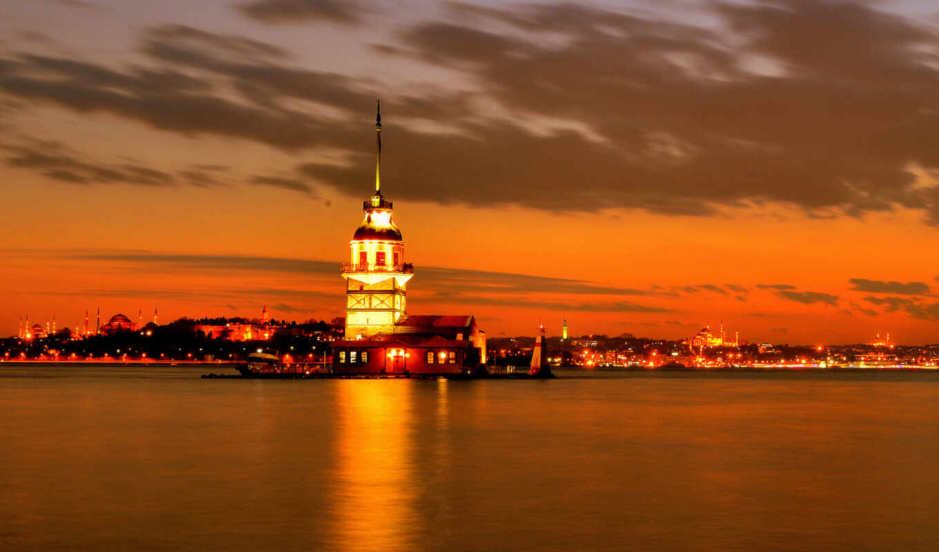 city, channel, night, lights, sea, turkey, mosque, Istanbul