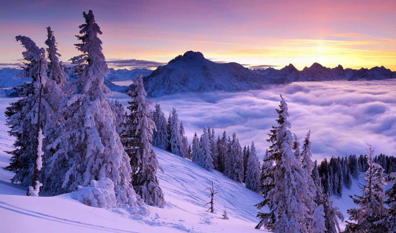 природа, пейзажи -, закат, снег, красивые, winter, landscape, туман, зимние, oblaka, горы