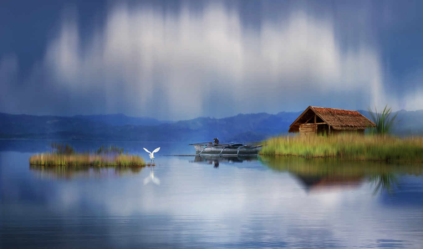 nature, house, landscape, a boat, reed