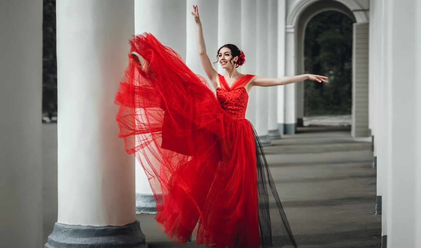 girl, red, dress, skirt, dance, the dancer, mood, happy, ballet dancer, vikand