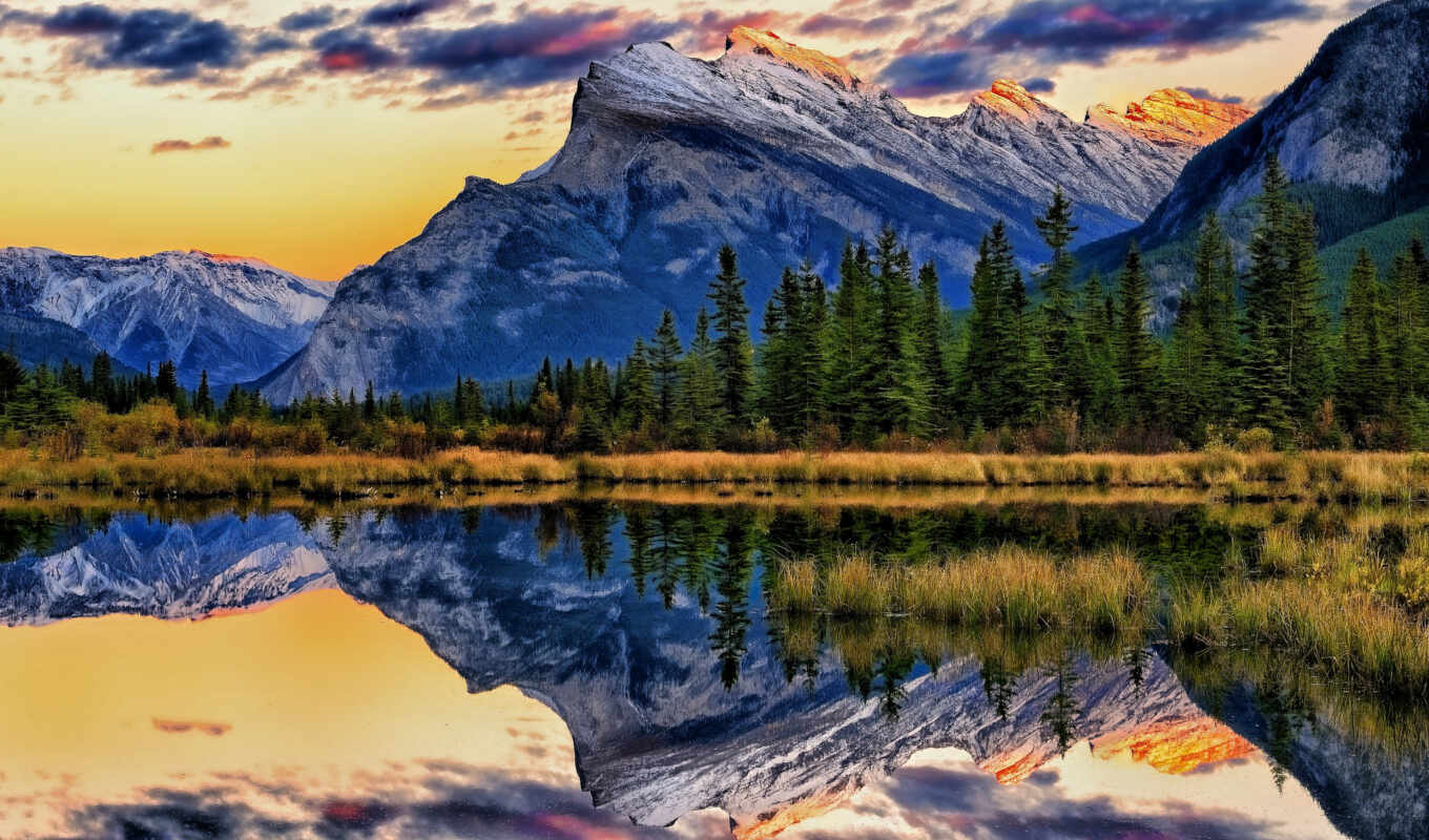 озеро, природа, landscape, альберта, парки, banff, канадский, горы, rundle, vermillion