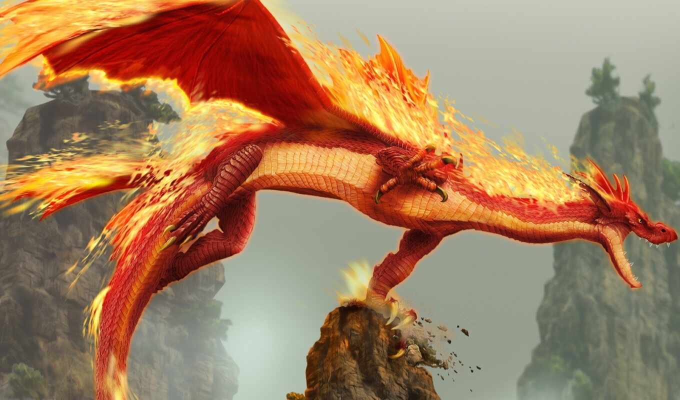 дракон, огонь, огнедышащий, искусство, мифическое существо