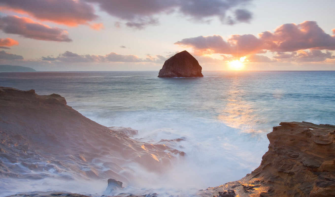completely, sun, the waves, rocks, sea, coast