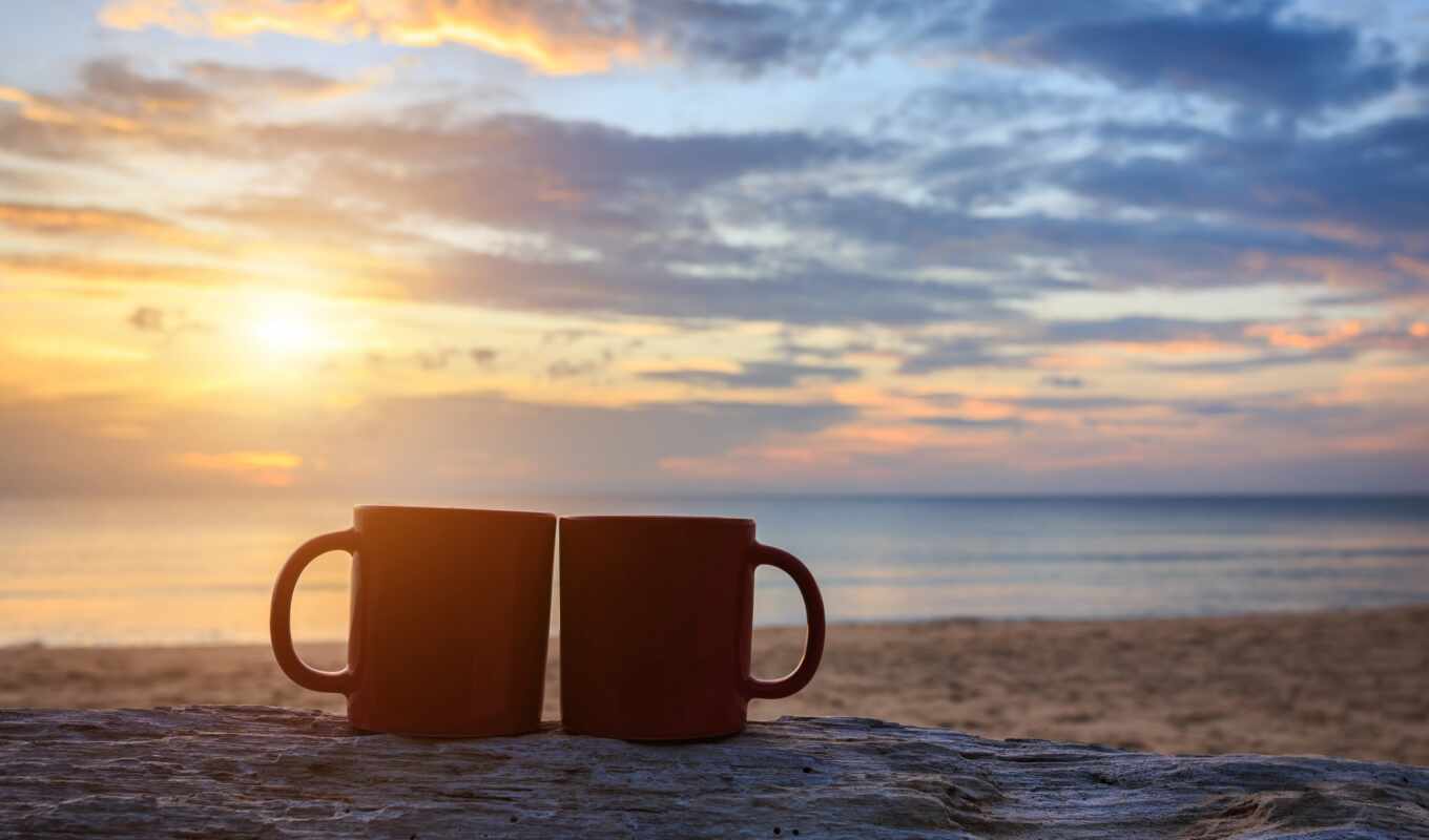 coffee, sunset, sea, because