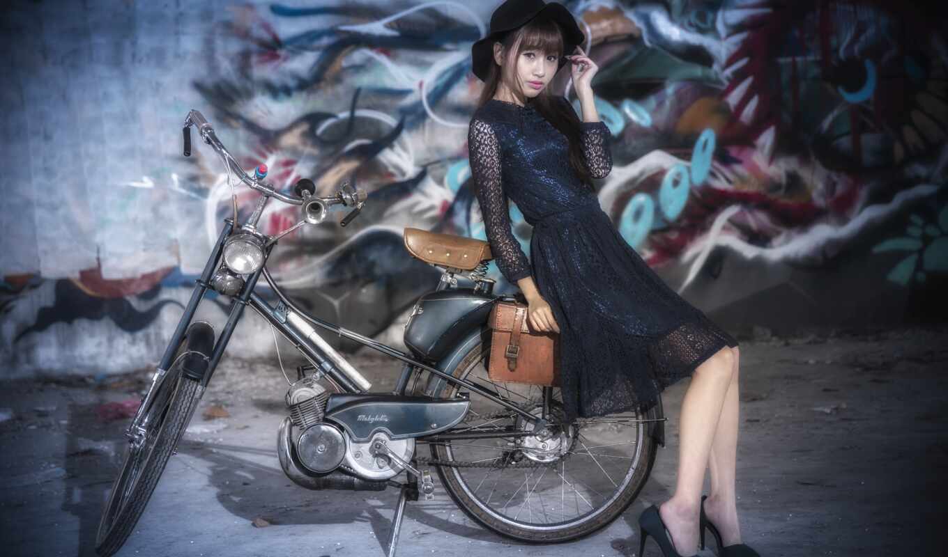 шляпа, black, женщина, фон, платье, красивый, велосипед