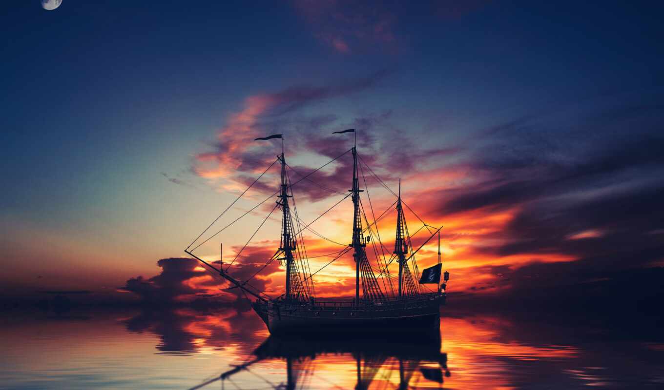 sunset, ship, moon, rendering, sea, cloud, thous, sailboat