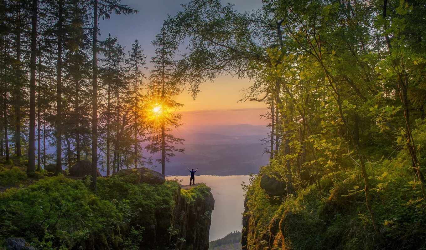 lake, sun, tree, stone, sunset, sunrise, mountain, fore