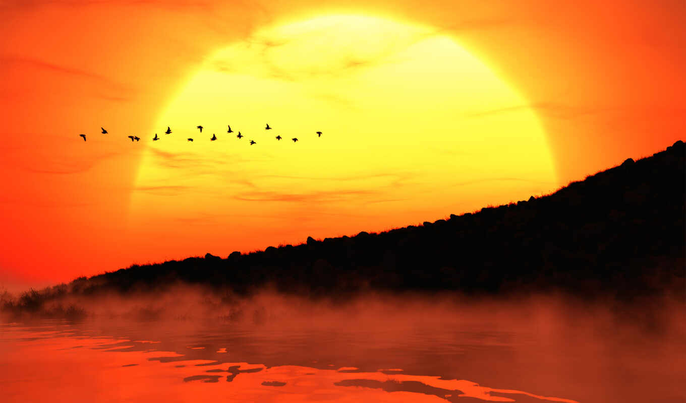 lake, art, background, sun, sunset, big, sol, a shadow, as