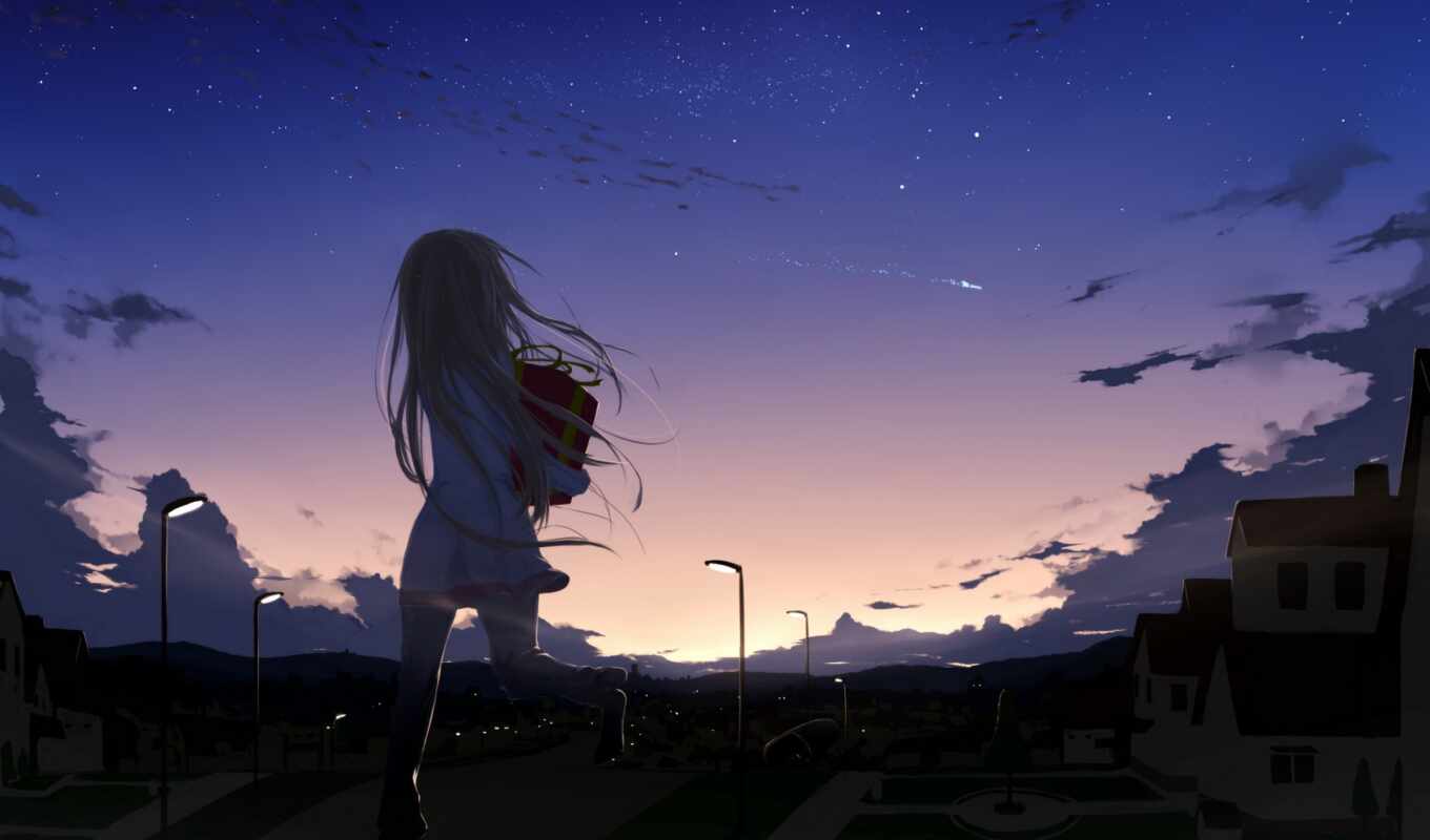 небо, anime, ночь, scenery