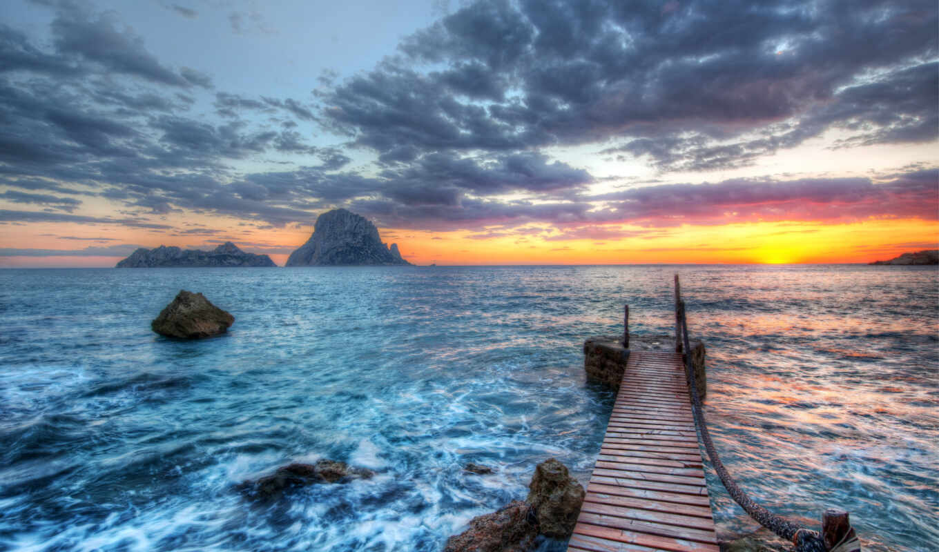 nature, sky, sunset, sea, pier, one, horizon, coast