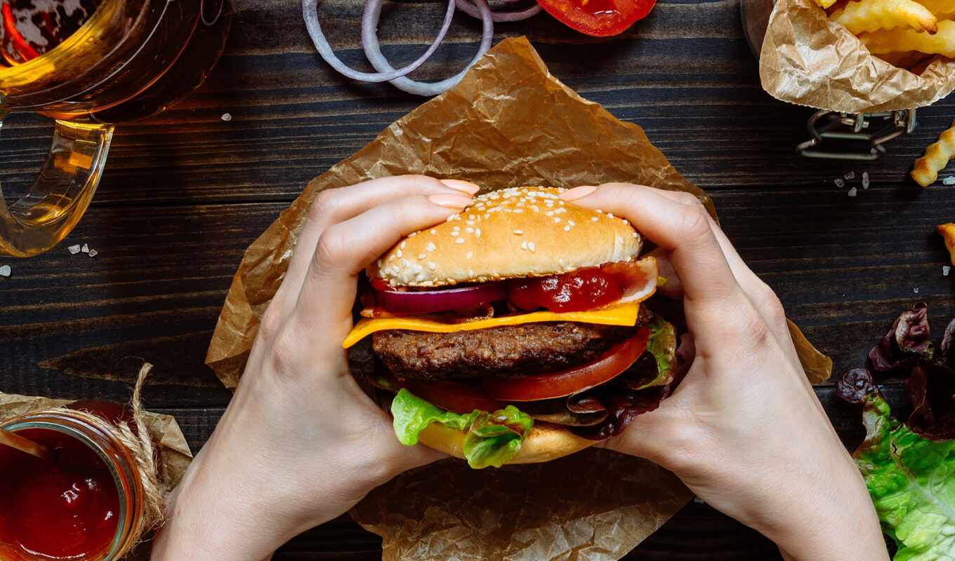 plan, burger, крупный, весь, рука, продукт, питание, гамбургер, прогноз погоды, pischat, lomtik