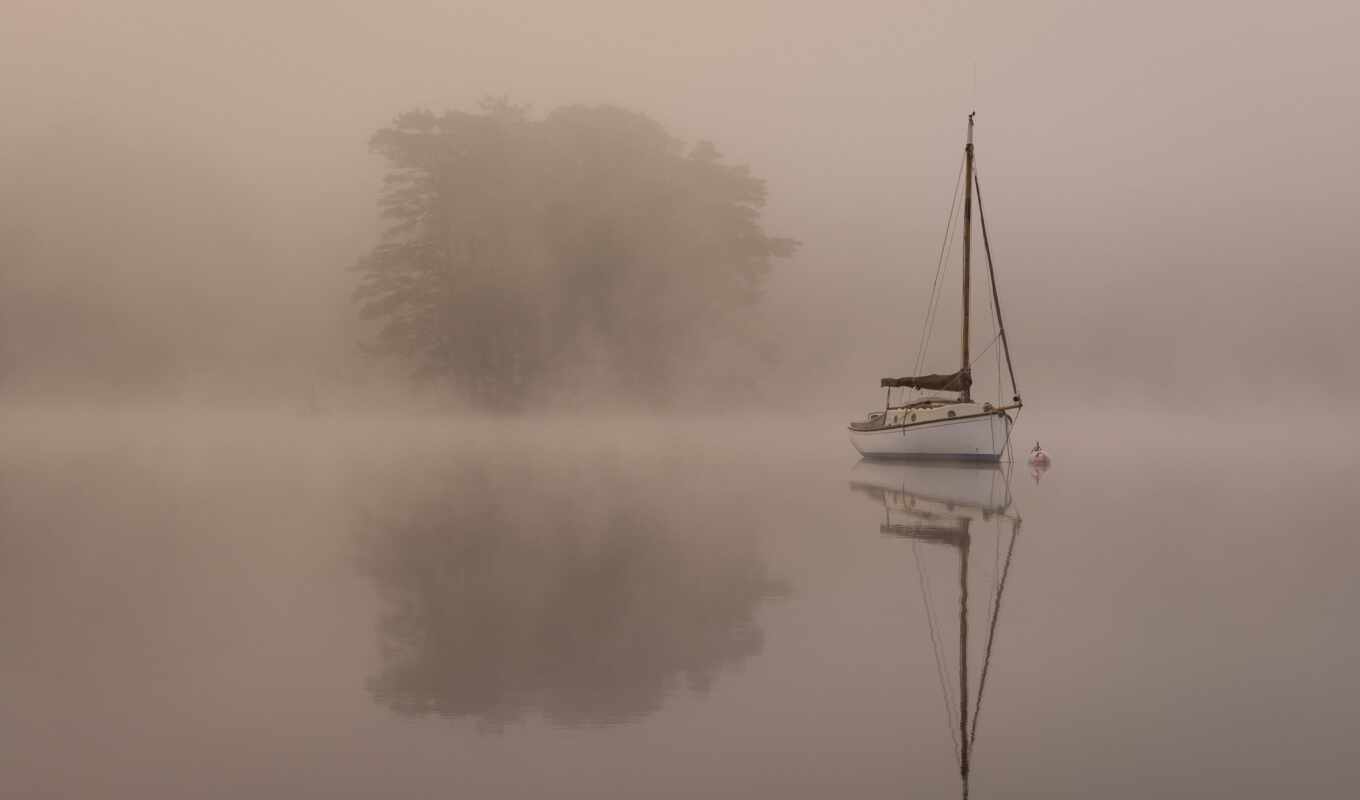 creative, tree, landscape, the original, fog, a boat, unusual, screensaver, vodyt, canvaoboi