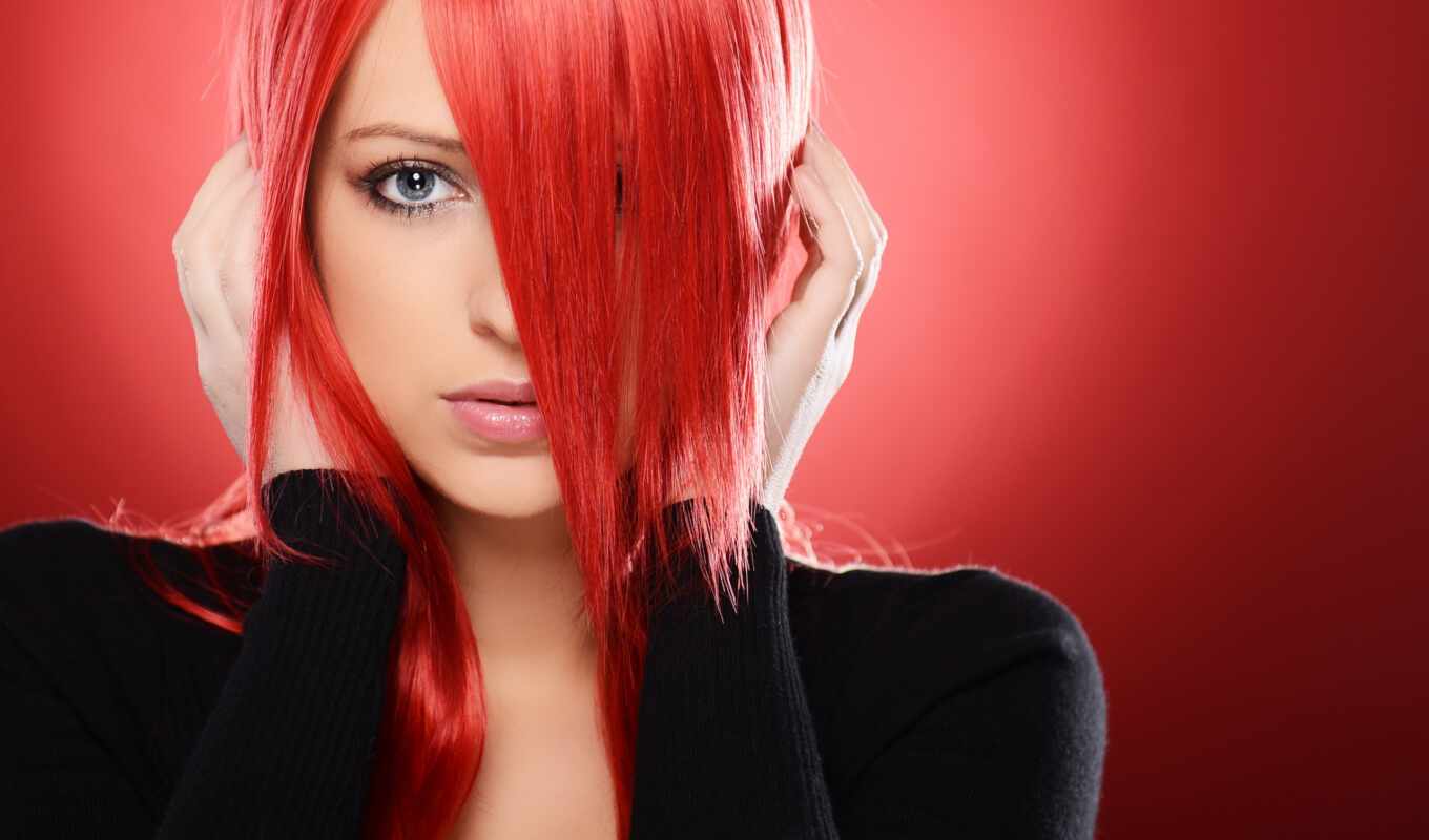 girl, face, black, Red, hair, gif, devushki, hair, red, hands, hair
