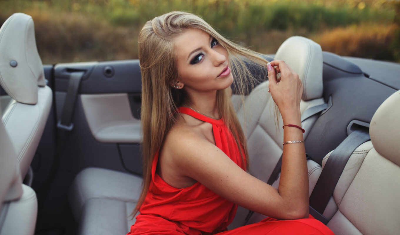 woman, red, dress, car, inside, sit, wear